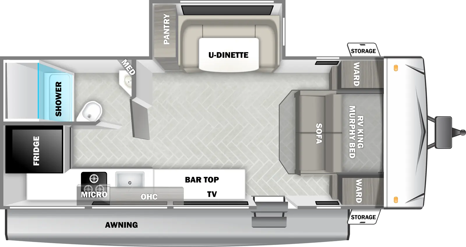 The Cruise Lite Southwest T228MB floorplan has one entry and one slide out. Exterior features include: metal exterior. Interiors features include: u-dinette and murphy bed.